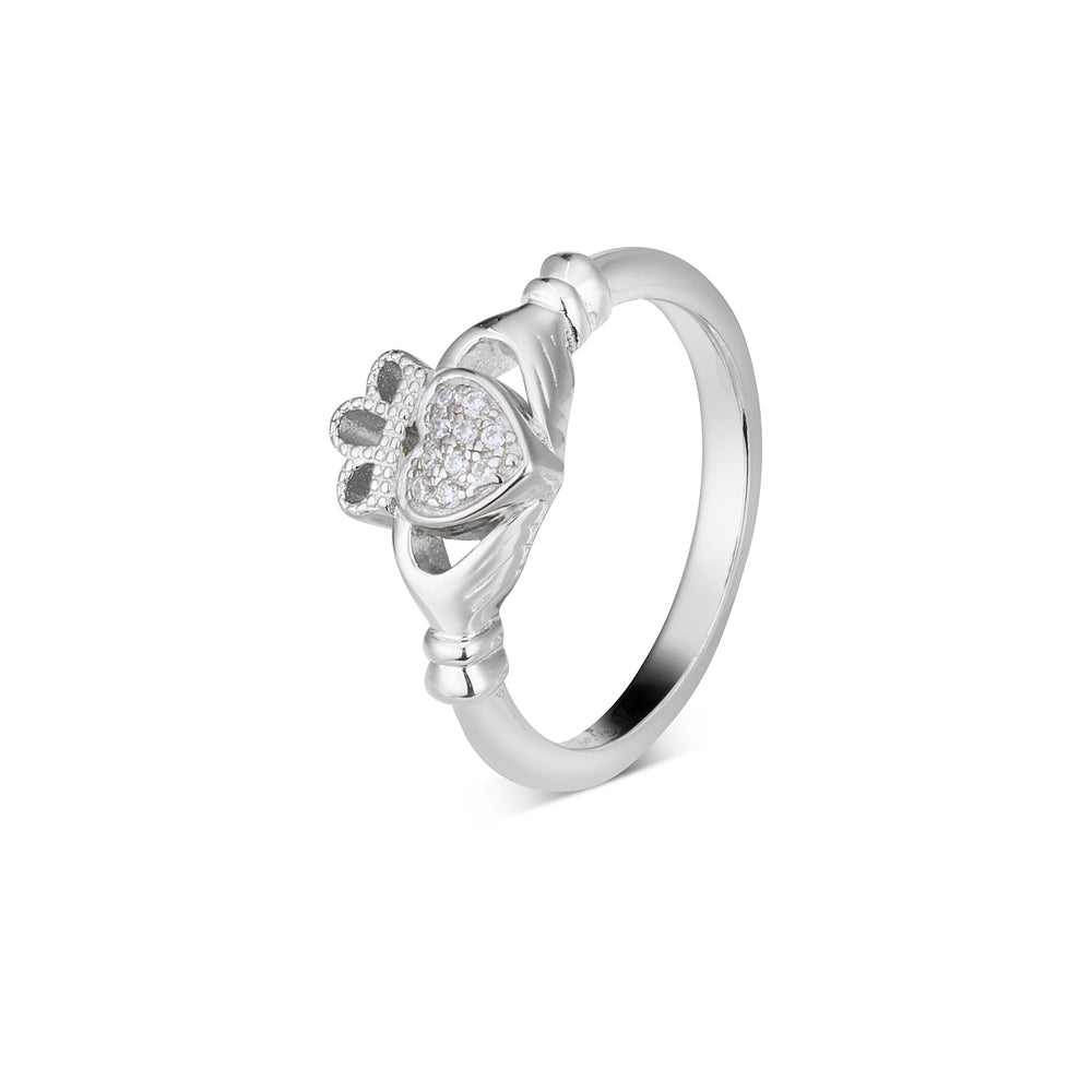 Argento Silver Pave Cubic Zirconia Heart Claddagh Ring
