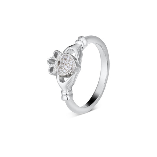 Argento Silver Pave Cubic Zirconia Heart Claddagh Ring