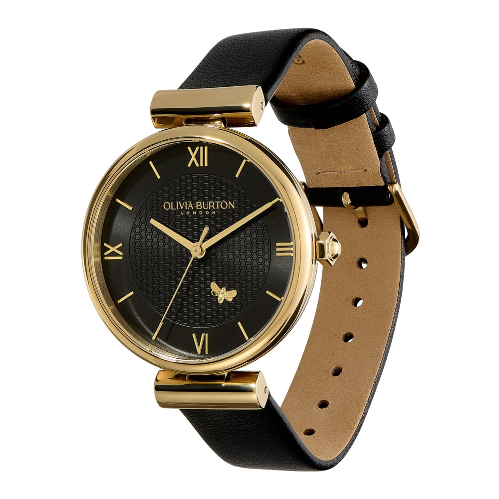 Olivia Burton Gold T-Bar Black Dial Honeycomb + Bee Detail Black Strap Watch