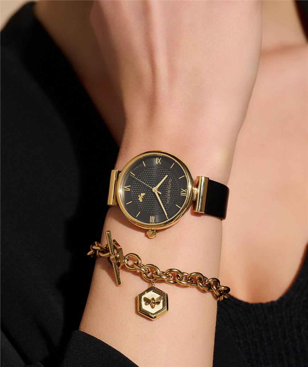 Olivia Burton Gold T-Bar Black Dial Honeycomb + Bee Detail Black Strap Watch