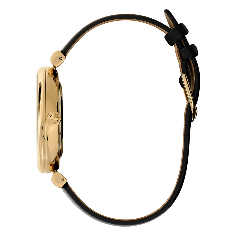 Olivia Burton Gold T-Bar Black Dial Honeycomb + Bee Detail Black Strap Watch