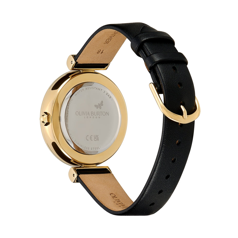 Olivia Burton Gold T-Bar Black Dial Honeycomb + Bee Detail Black Strap Watch