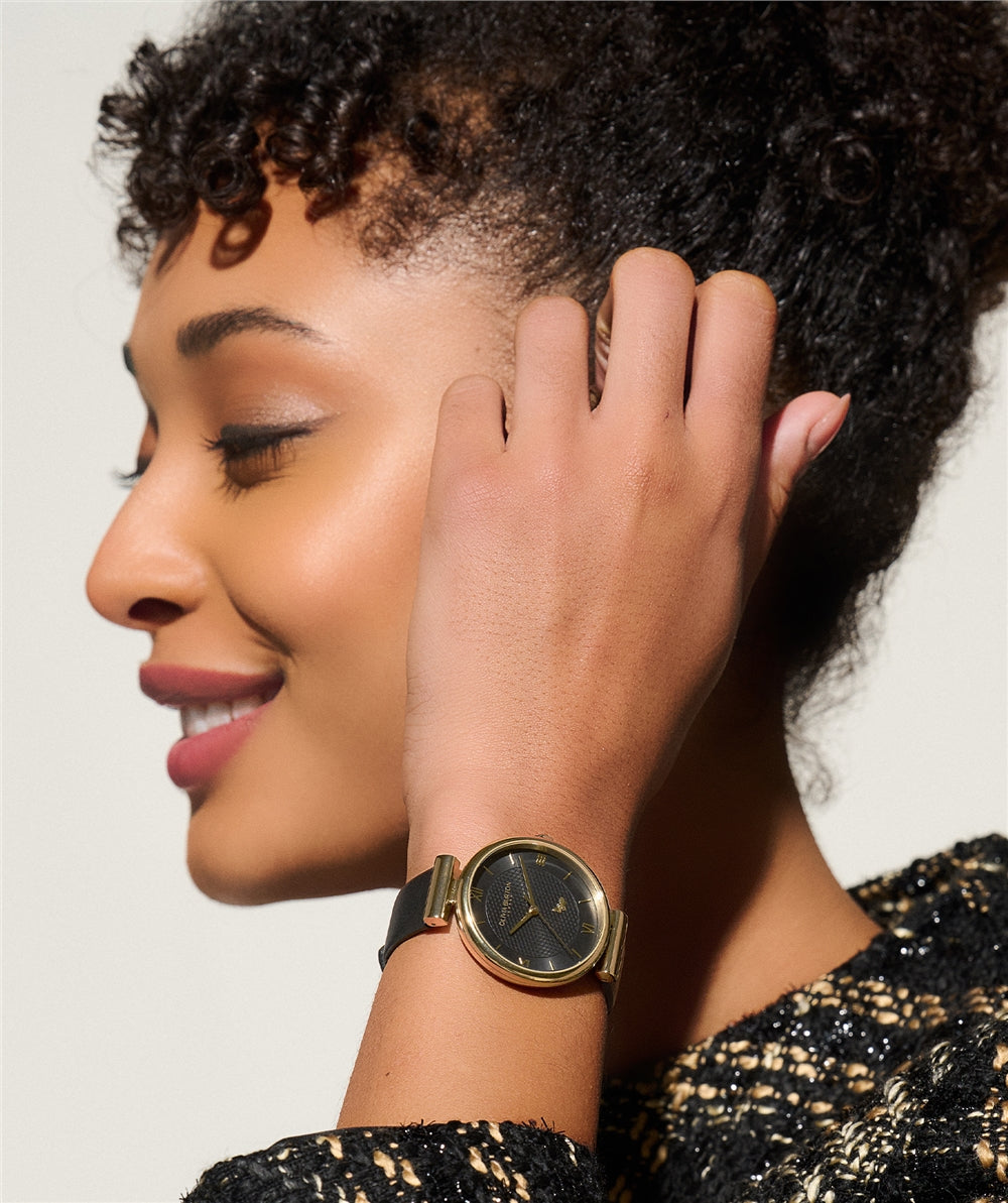 Olivia Burton Gold T-Bar Black Dial Honeycomb + Bee Detail Black Strap Watch
