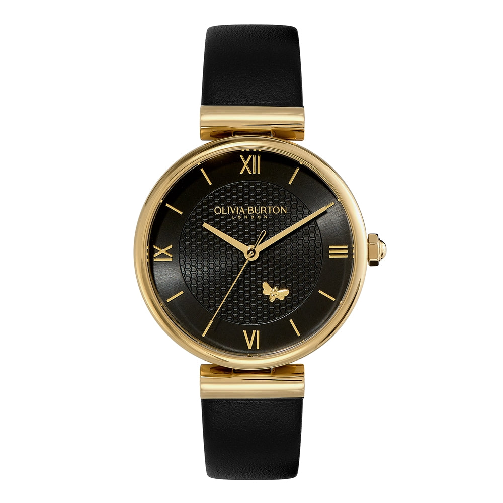 Olivia Burton Gold T-Bar Black Dial Honeycomb + Bee Detail Black Strap Watch