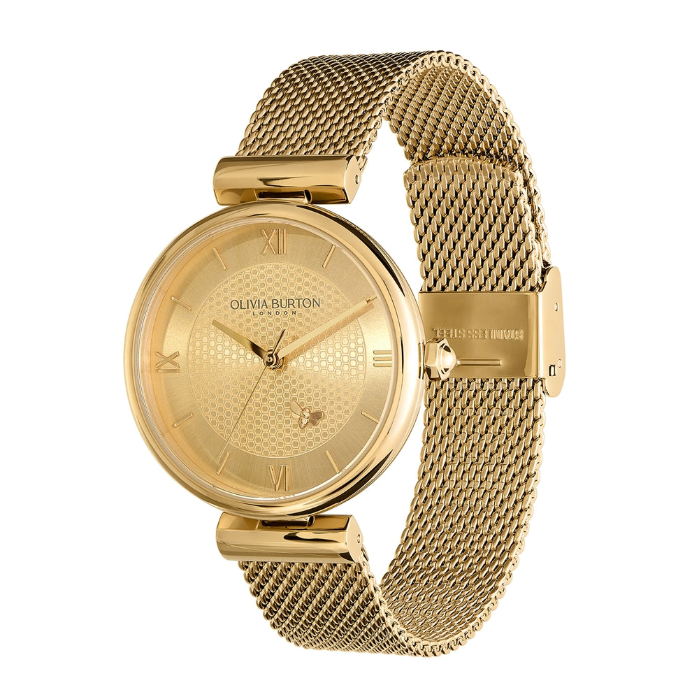 Olivia Burton Gold T-Bar Light Gold Dial Honeycomb and Bee Detail Watch