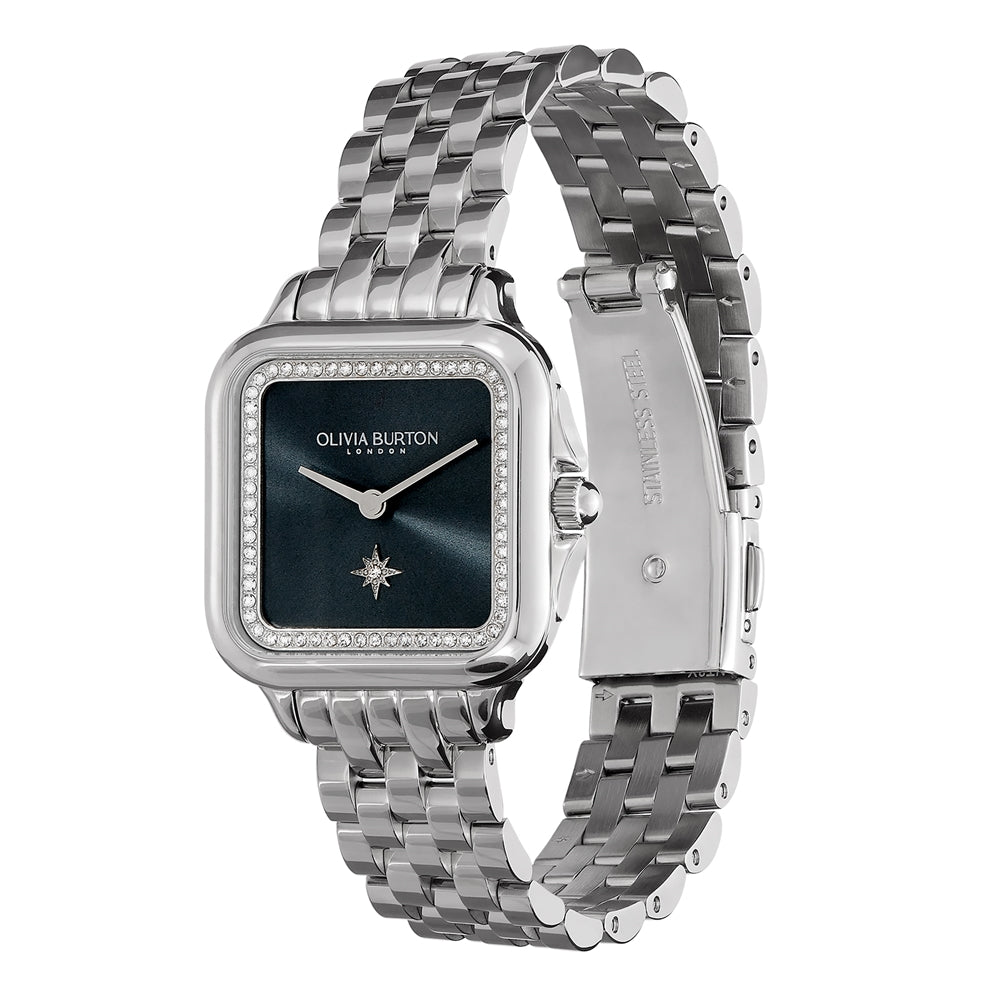 Olivia Burton Silver Square Blue Sunray Dial Watch