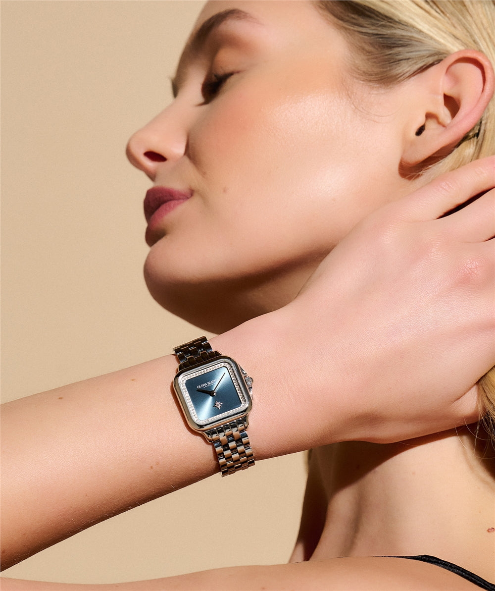 Olivia Burton Silver Square Blue Sunray Dial Watch