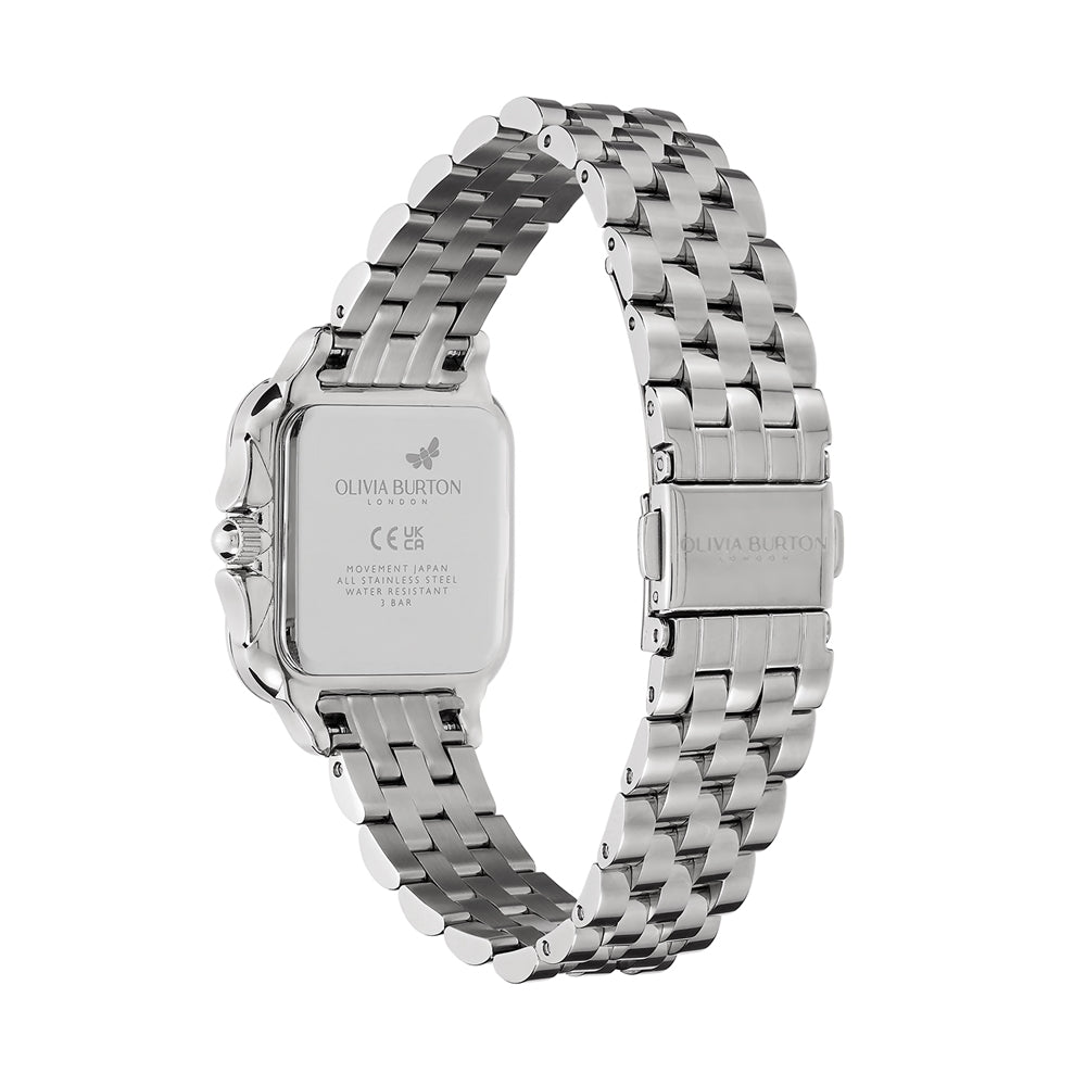 Olivia Burton Silver Square Blue Sunray Dial Watch