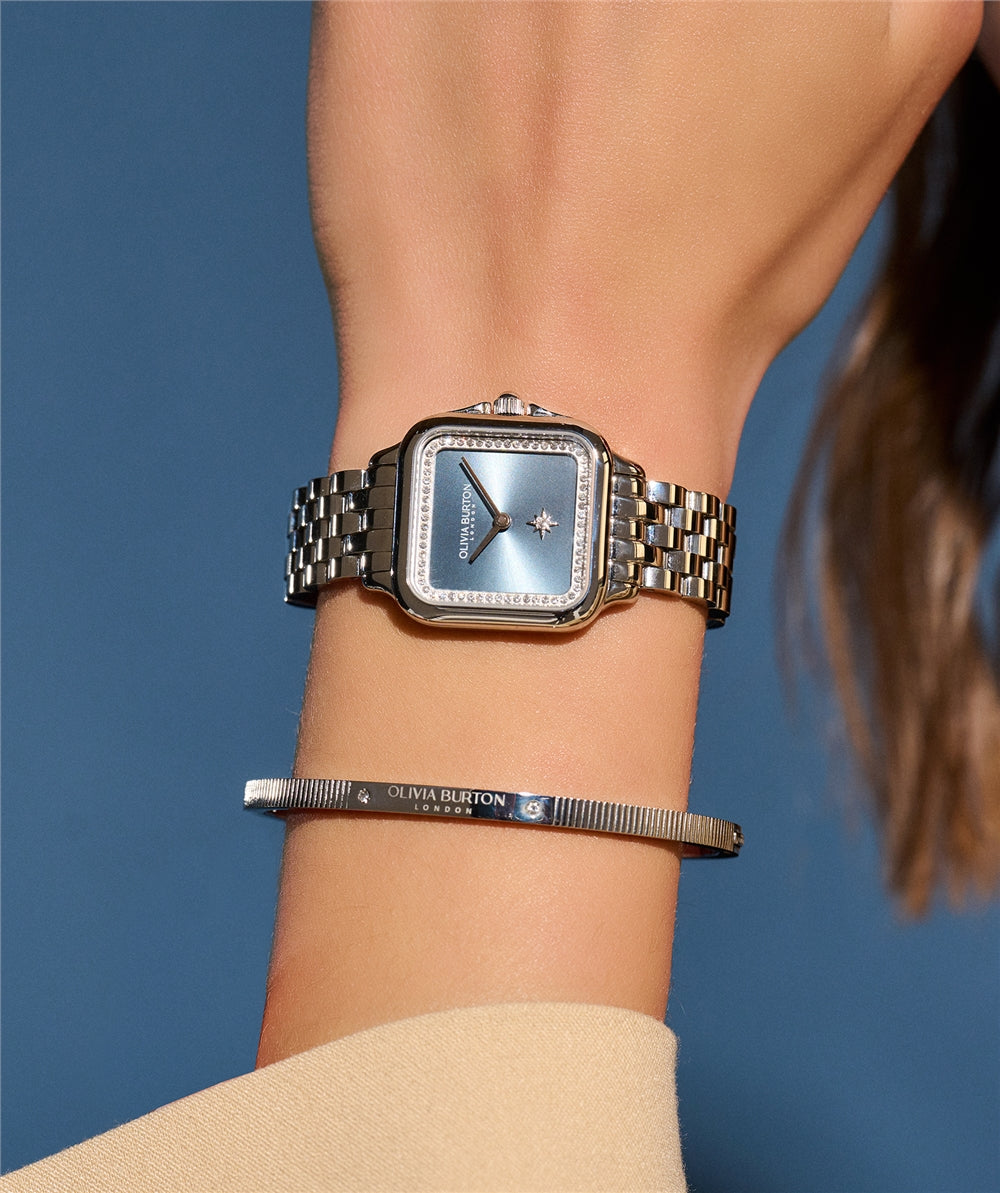 Olivia Burton Silver Square Blue Sunray Dial Watch