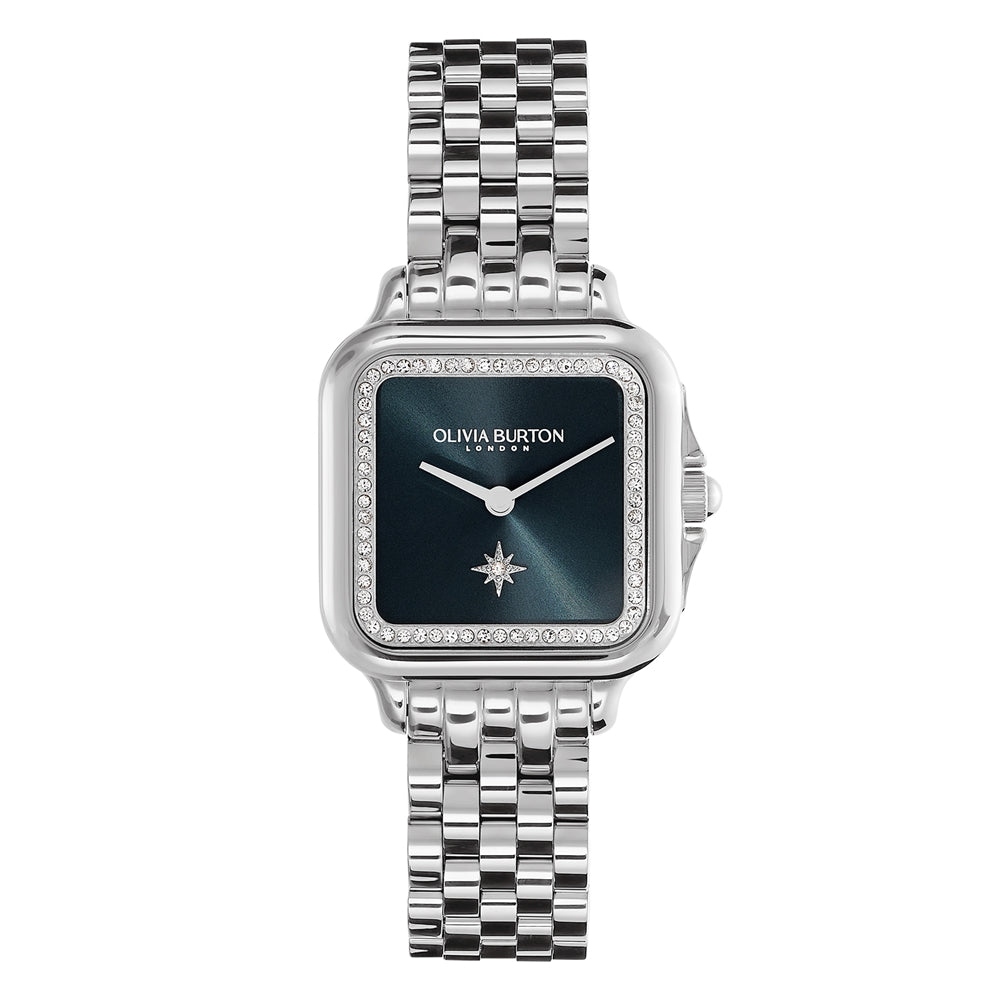 Olivia Burton Silver Square Blue Sunray Dial Watch