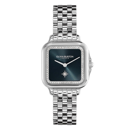 Olivia Burton Silver Square Blue Sunray Dial Watch