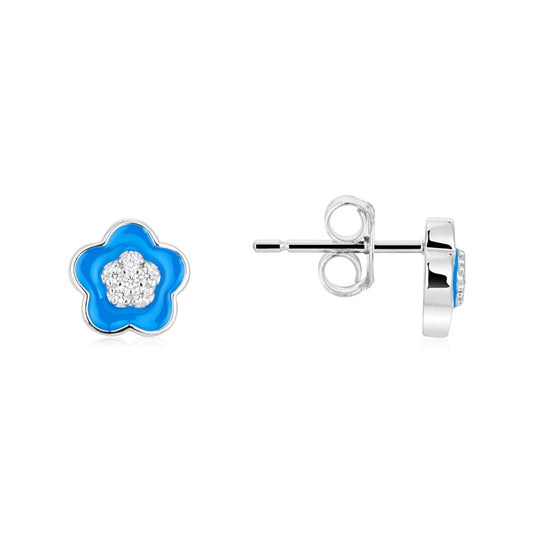 Argento Silver Blue Enamel Flower Stud Earrings