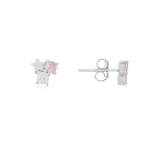Argento Silver Triple Pink CZ Star Earrings