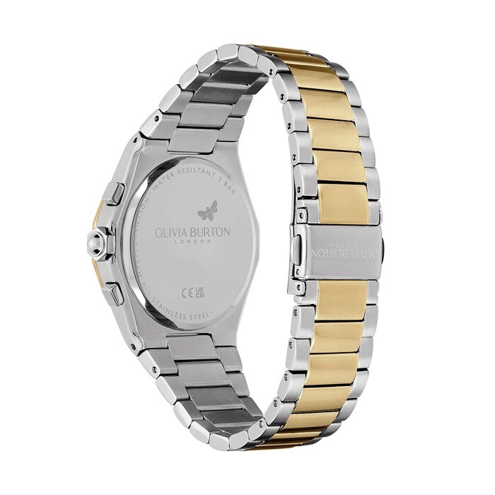 Olivia Burton Silver and Gold Multi Hexa Silver Sunray Dial Crystal Watch