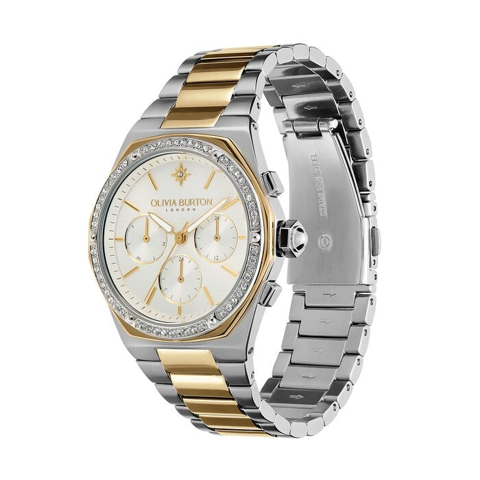 Olivia Burton Silver and Gold Multi Hexa Silver Sunray Dial Crystal Watch