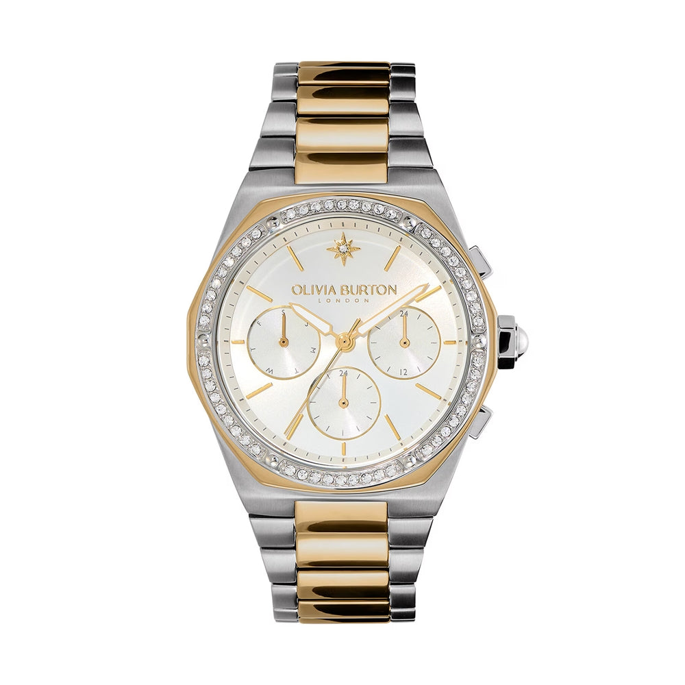 Olivia Burton Silver and Gold Multi Hexa Silver Sunray Dial Crystal Watch
