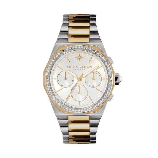 Olivia Burton Silver and Gold Multi Hexa Silver Sunray Dial Crystal Watch