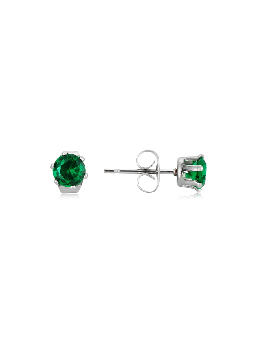 Over & Over Silver Stainless Steel CZ Emerald Stud Earrings