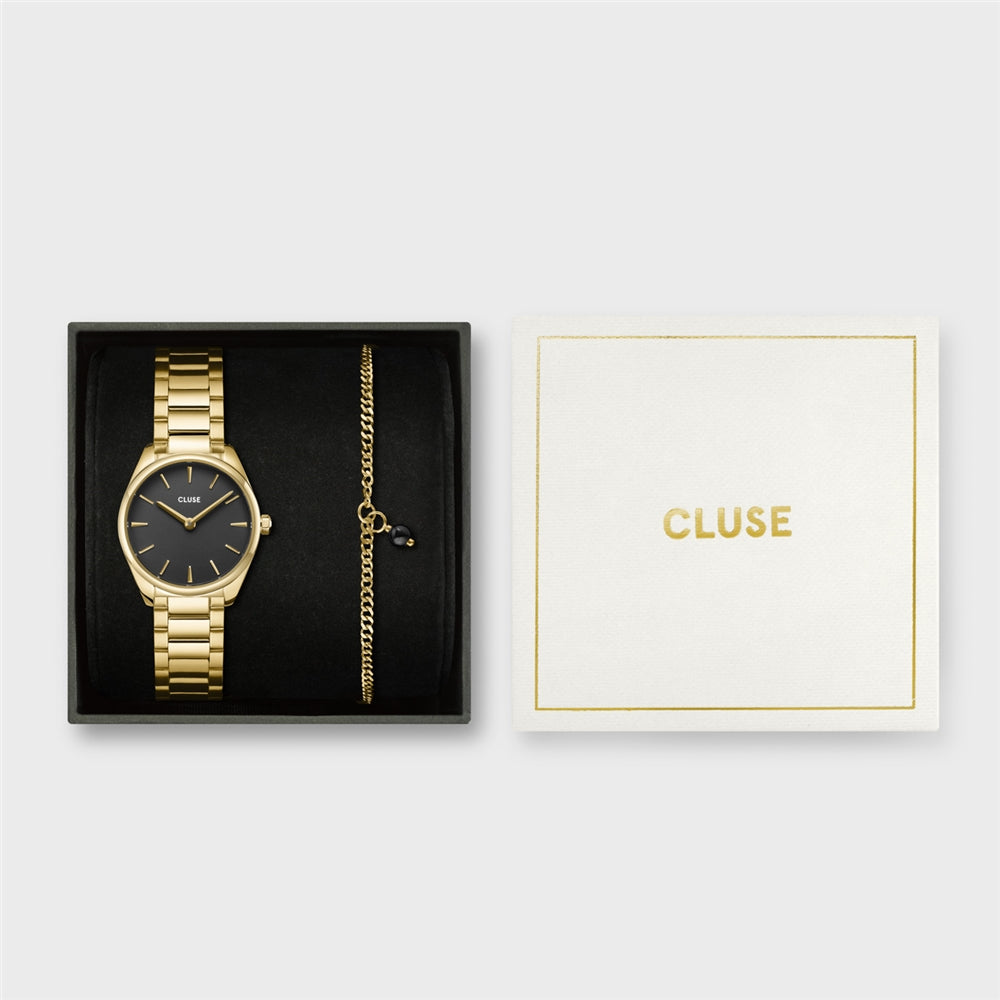 CLUSE Gold Colour Giftbox Féroce Mini Watch and Black Bracelet