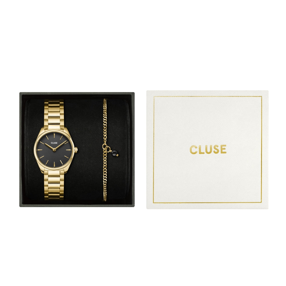 CLUSE Gold Colour Giftbox Féroce Mini Watch and Black Bracelet