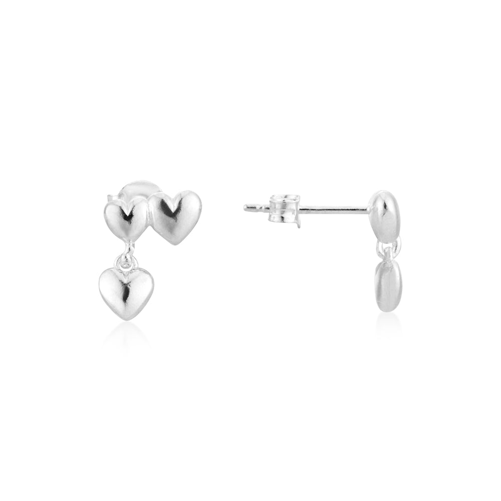 Argento Silver Triple Puffed Heart Stud Earrings