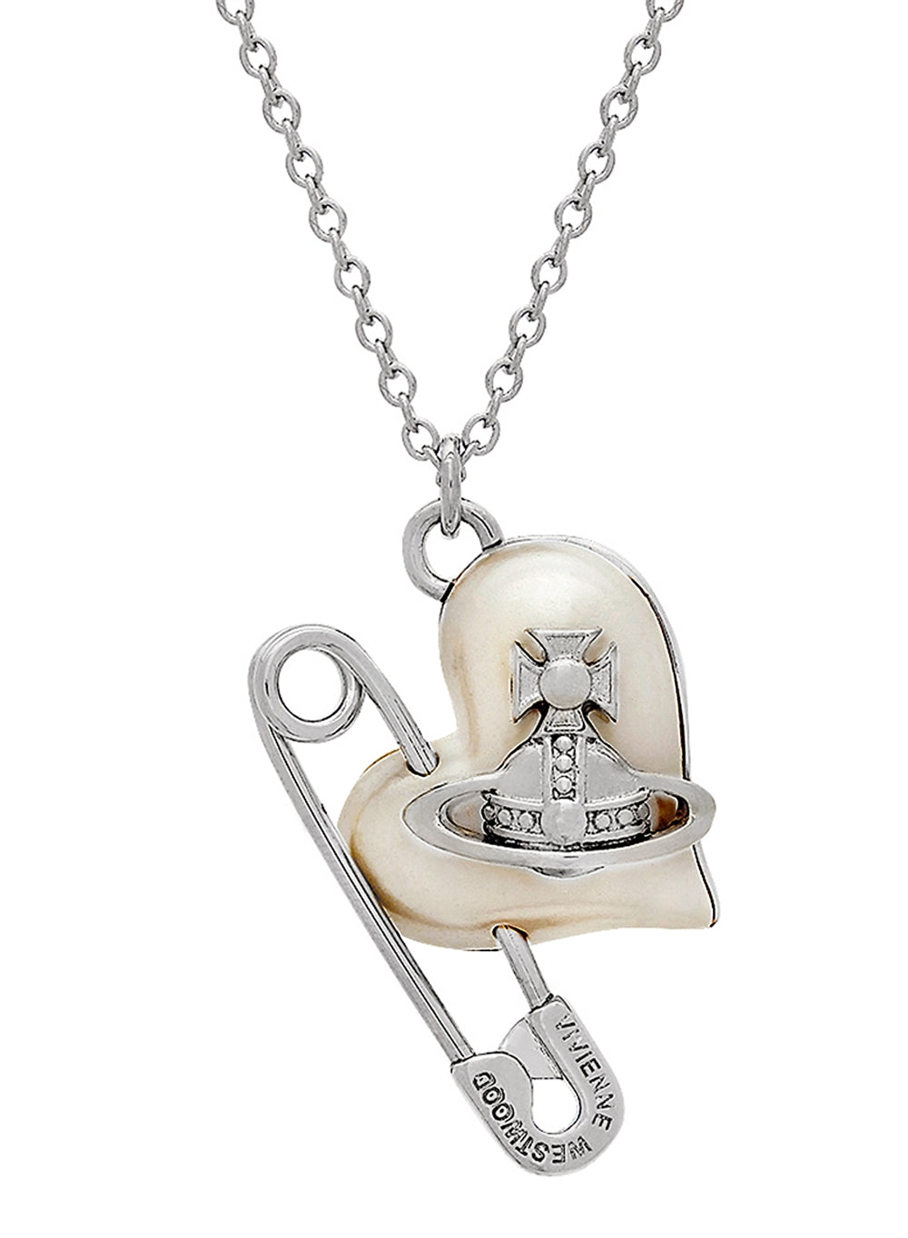 Vivienne Westwood Silver Pearl Safety Pin Heart Orietta Necklace