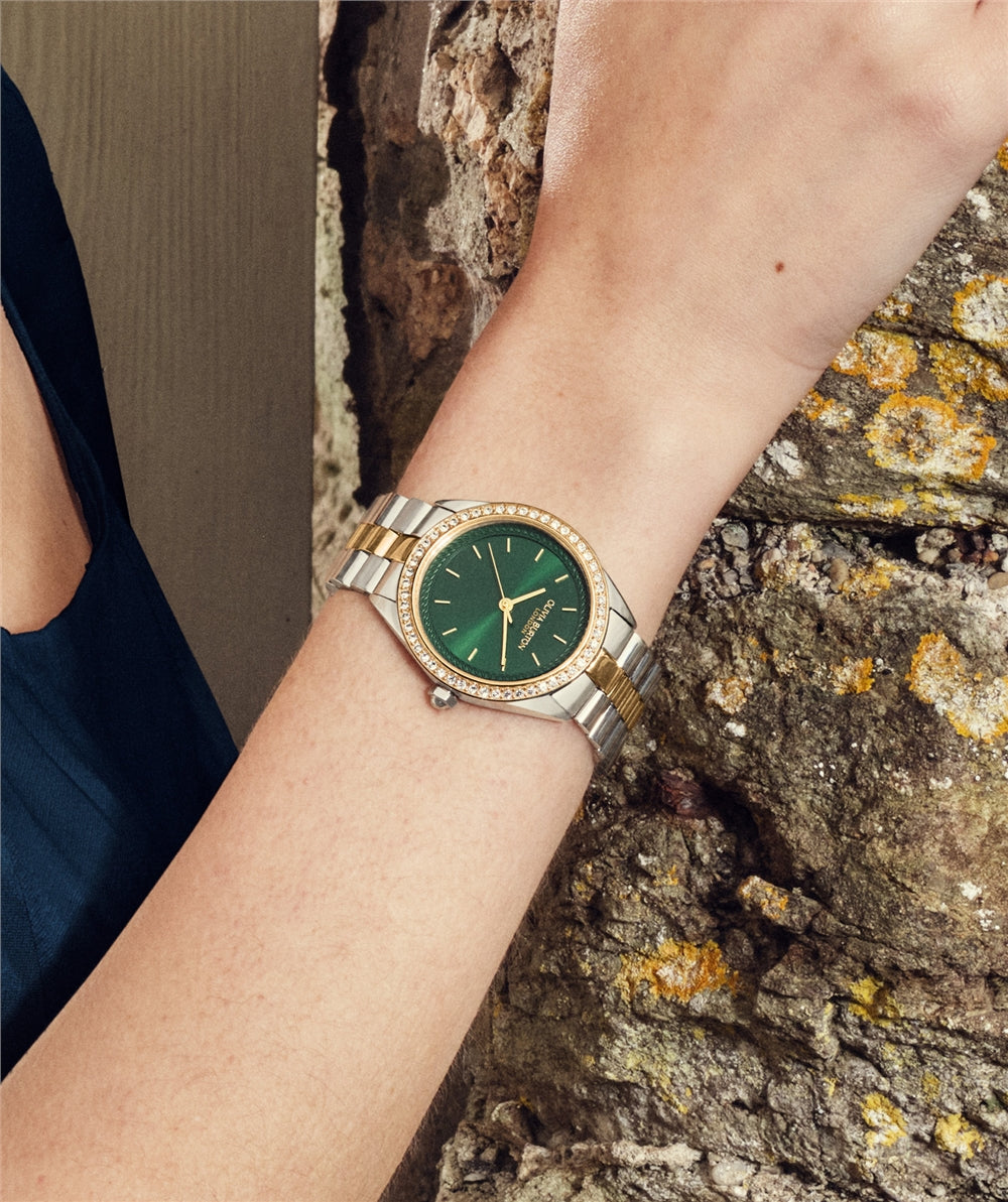 Olivia Burton Bejewelled Green Stainless Steel & Gold Bracelet Watch