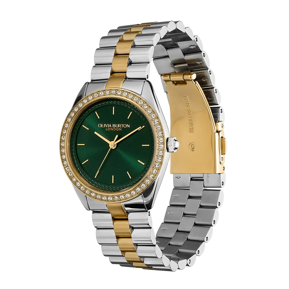 Olivia Burton Bejewelled Green Stainless Steel & Gold Bracelet Watch