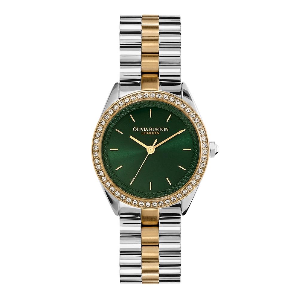Olivia Burton Bejewelled Green Stainless Steel & Gold Bracelet Watch