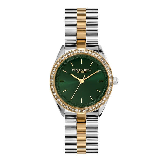 Olivia Burton Bejewelled Green Stainless Steel & Gold Bracelet Watch