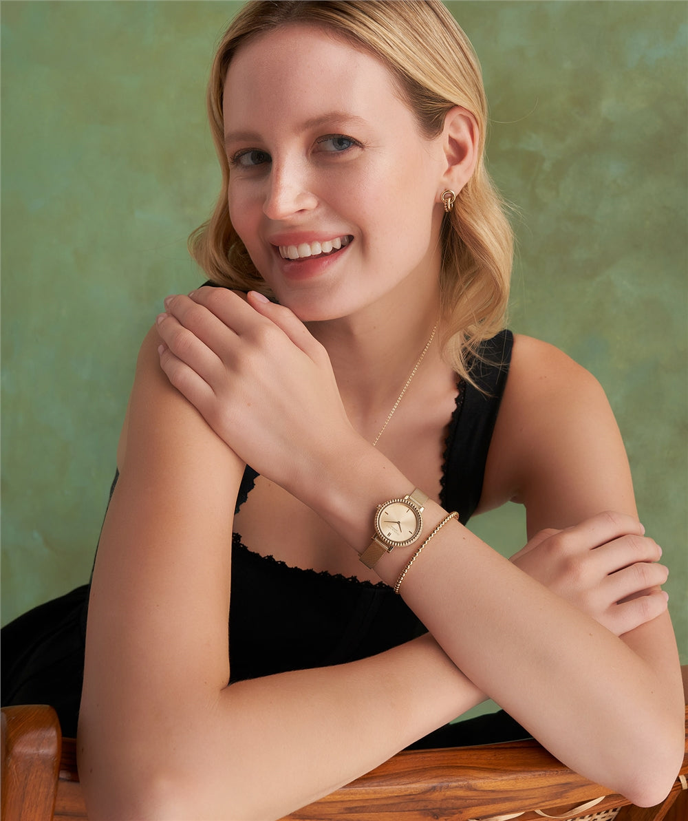 Olivia Burton Vintage Bead Light Gold Mesh Watch 