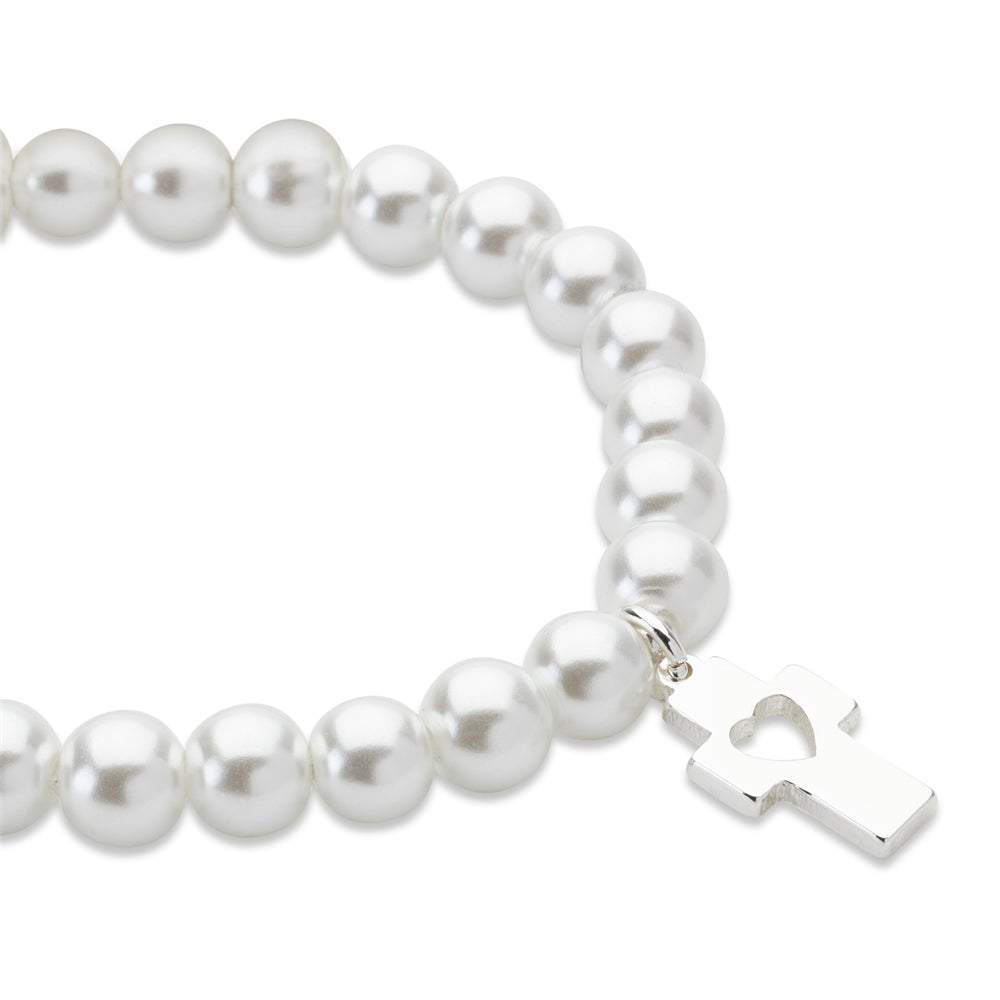 August Woods Silver Cross Heart Pearl Bracelet