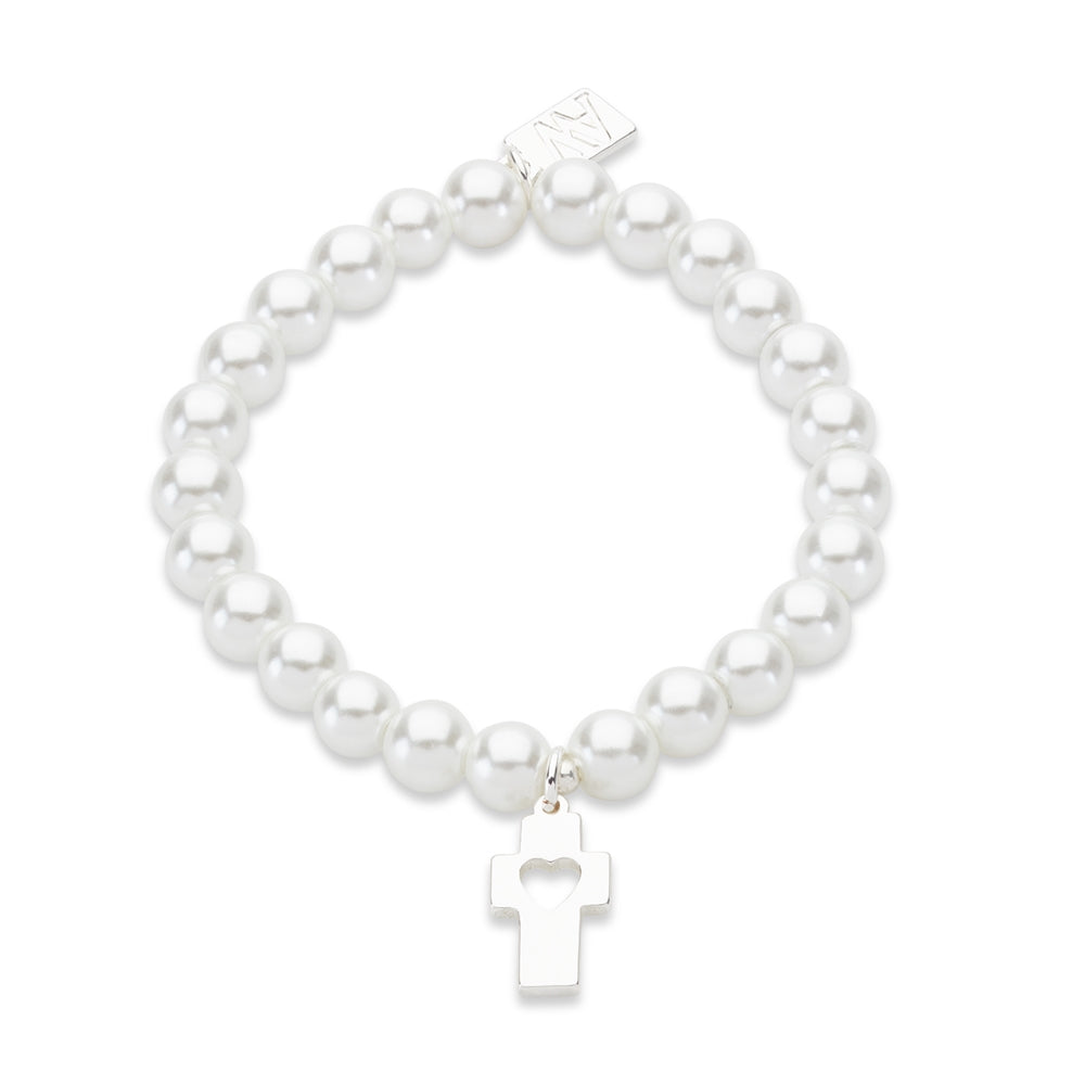 August Woods Silver Cross Heart Pearl Bracelet