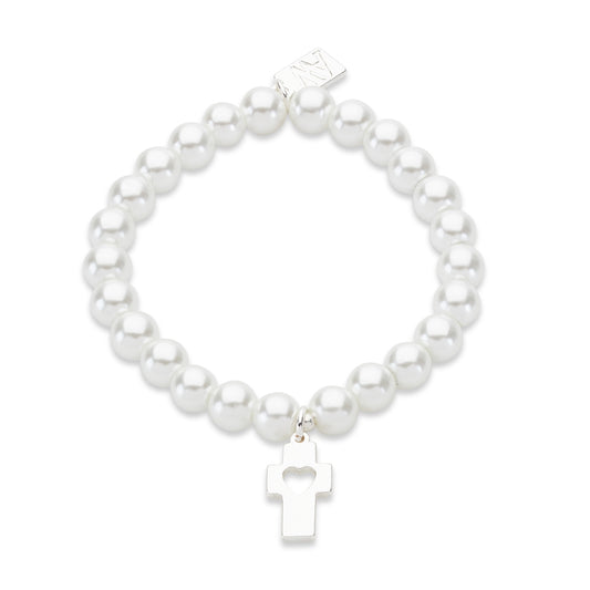 August Woods Silver Cross Heart Pearl Bracelet