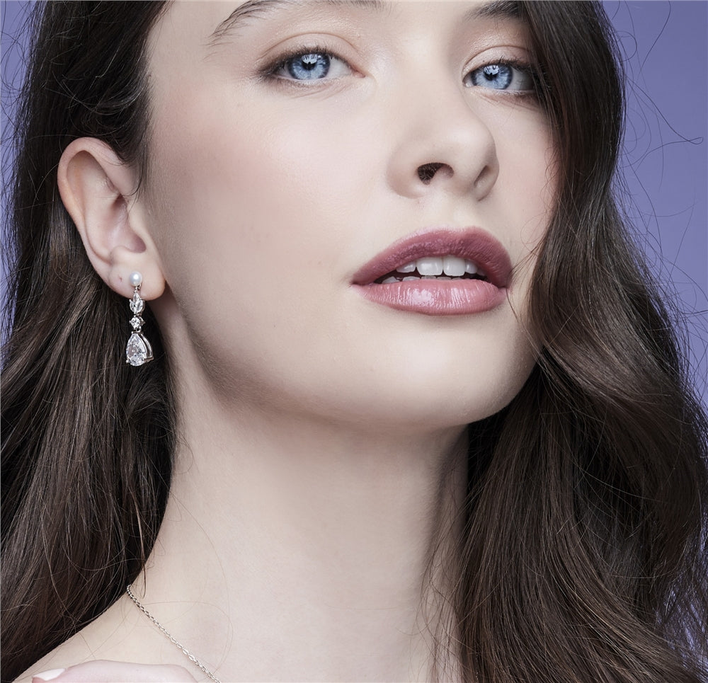 Argento Silver Crystal Bridal Pearl Drop Earrings