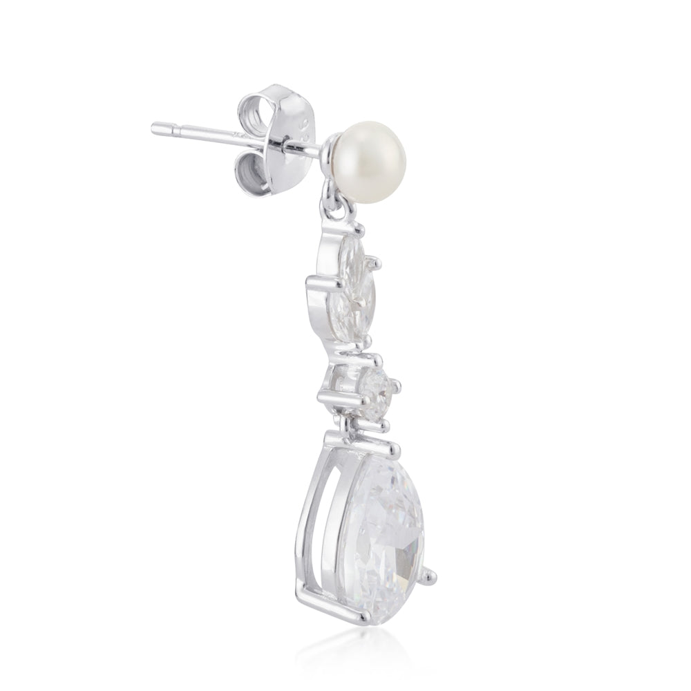Argento Silver Crystal Bridal Pearl Drop Earrings