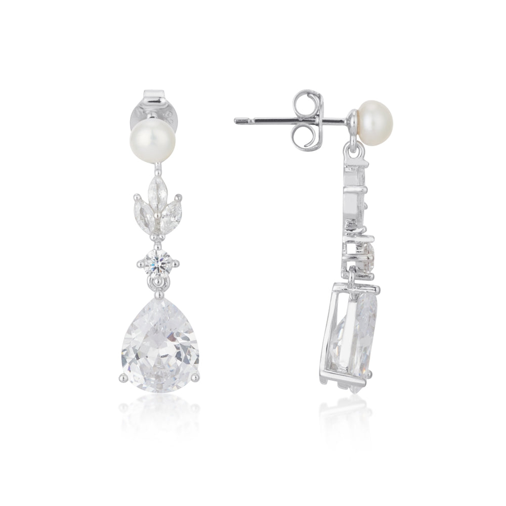 Argento Silver Crystal Bridal Pearl Drop Earrings