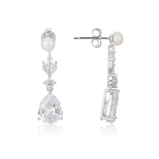 Argento Silver Crystal Bridal Pearl Drop Earrings
