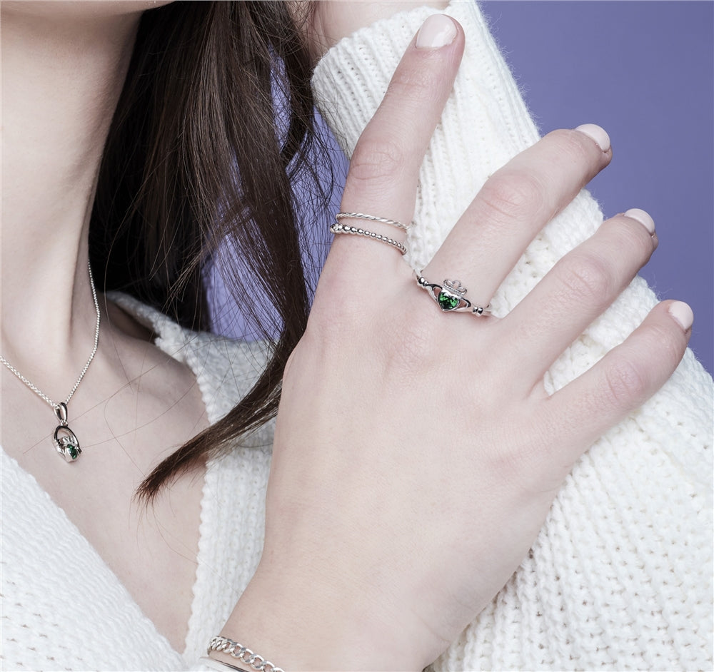 Argento Silver May Emerald Cubic Zirconia Claddagh Ring