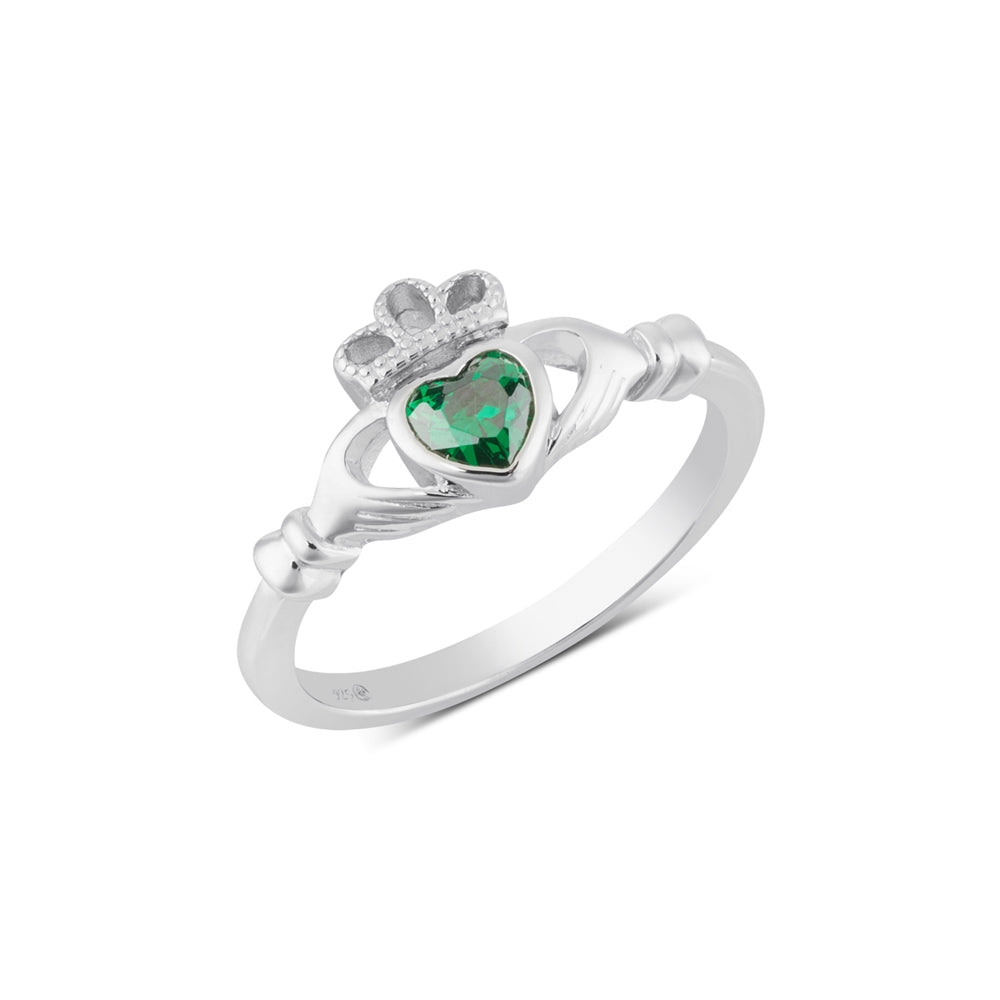 Argento Silver May Emerald Cubic Zirconia Claddagh Ring