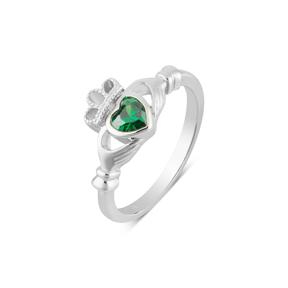 Argento Silver May Emerald Cubic Zirconia Claddagh Ring