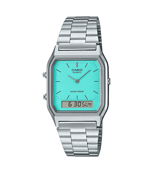 Casio Vintage AQ-230A-2A2MQYES Light Blue Dial Stainless Steel Bracelet Combination Watch