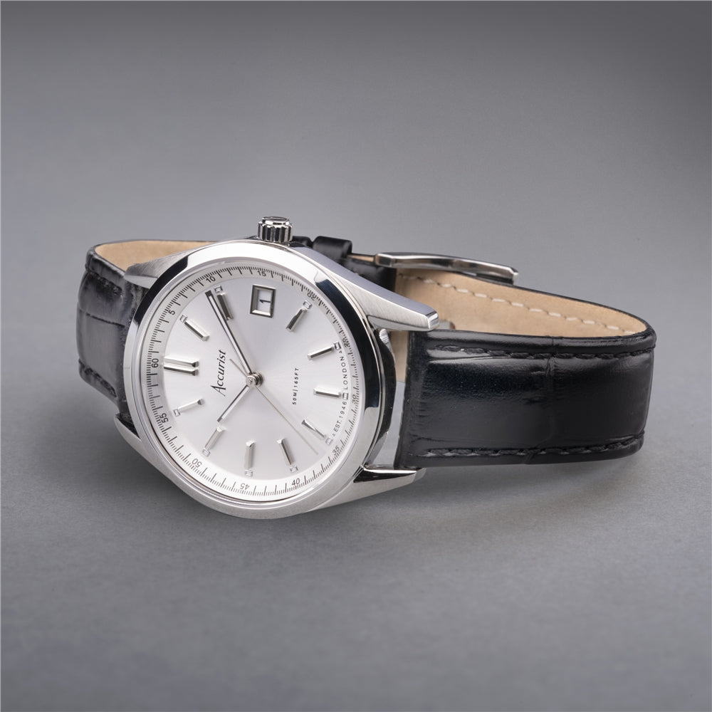 Accurist Unisex Everyday Silver Dial Black Leather Strap Watch