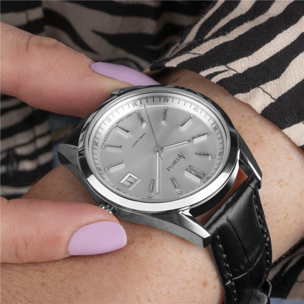 Accurist Unisex Everyday Silver Dial Black Leather Strap Watch