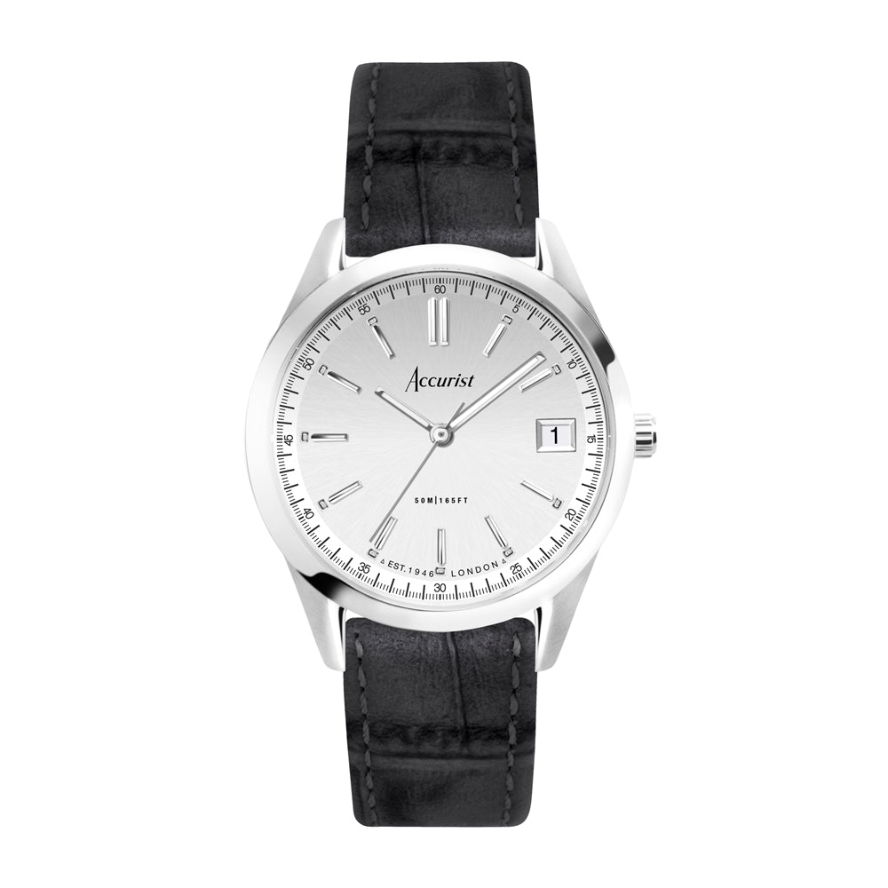 Accurist Unisex Everyday Silver Dial Black Leather Strap Watch