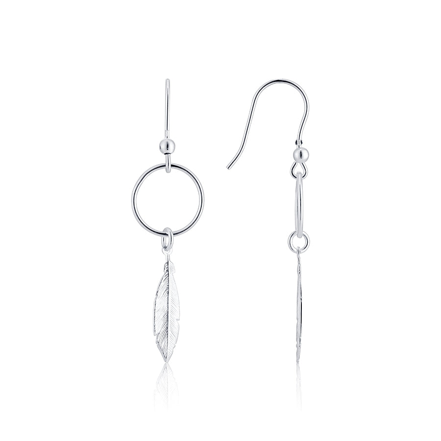 Argento Silver Open Circle Drop Feather Earrings