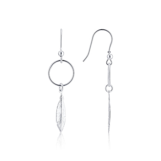 Argento Silver Open Circle Drop Feather Earrings