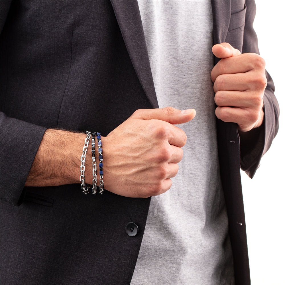 Coeur De Lion Men's Silver Blue Cubes Chain Bracelet