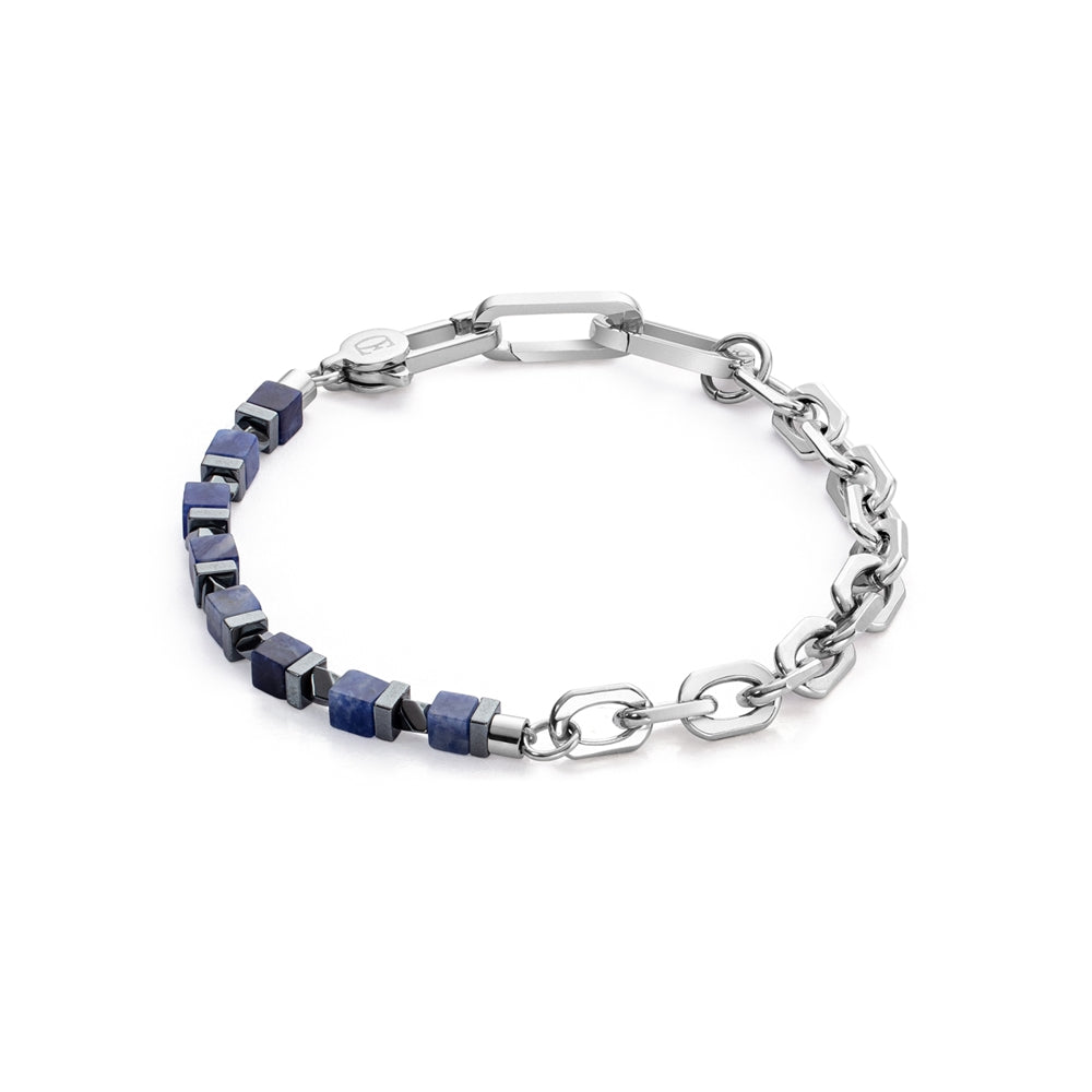 Coeur De Lion Men's Silver Blue Cubes Chain Bracelet