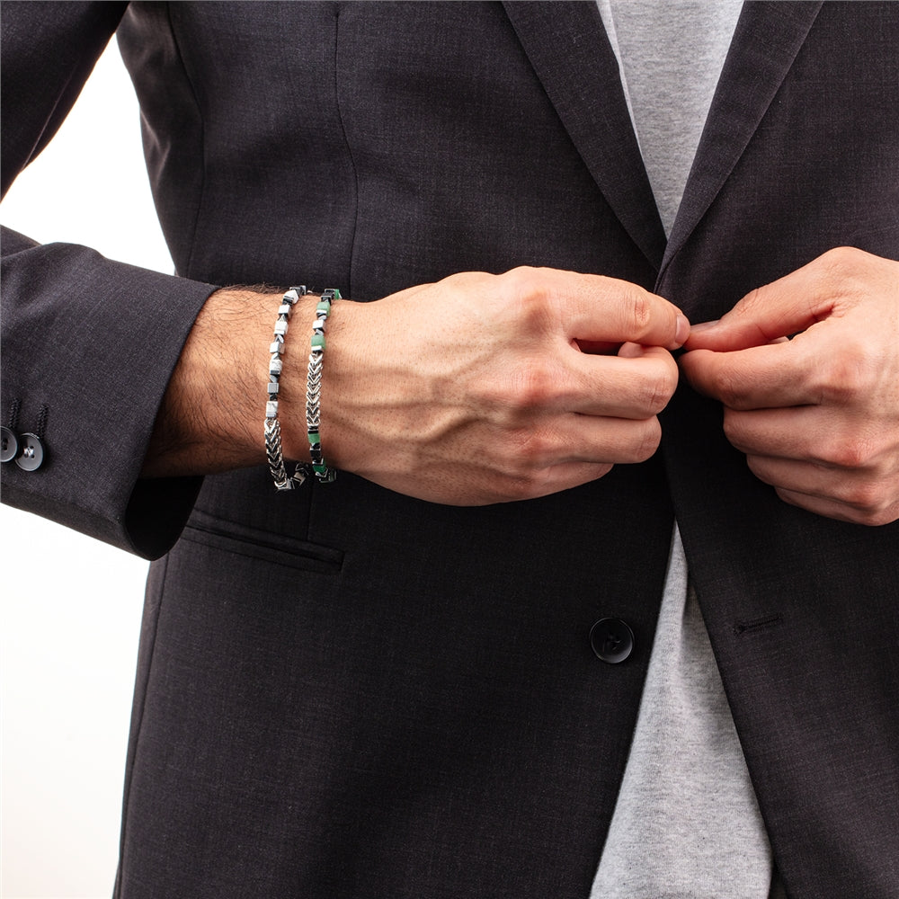 Coeur De Lion Men's Silver Green Cubes Bracelet